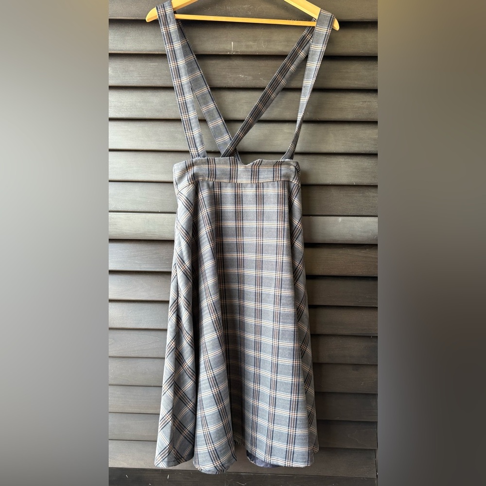 Modcloth Plaid Preppy Skirt with Suspenders Grey Brown Pockets Size 8